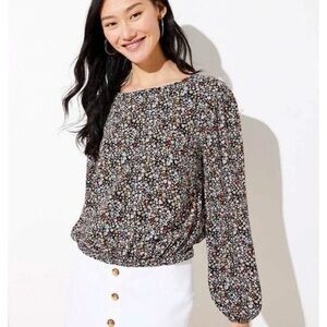 Loft Garden Wrap Back Floral Top Women Black Petite‎ Medium Elastic Cuffs Blouse